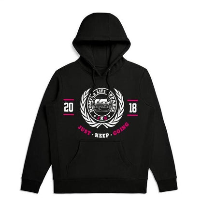 Black Hoodie with the Custom Rose Pink lifestyle logo