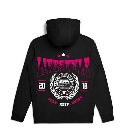 Black Hoodie with the Custom Rose Pink lifestyle logo